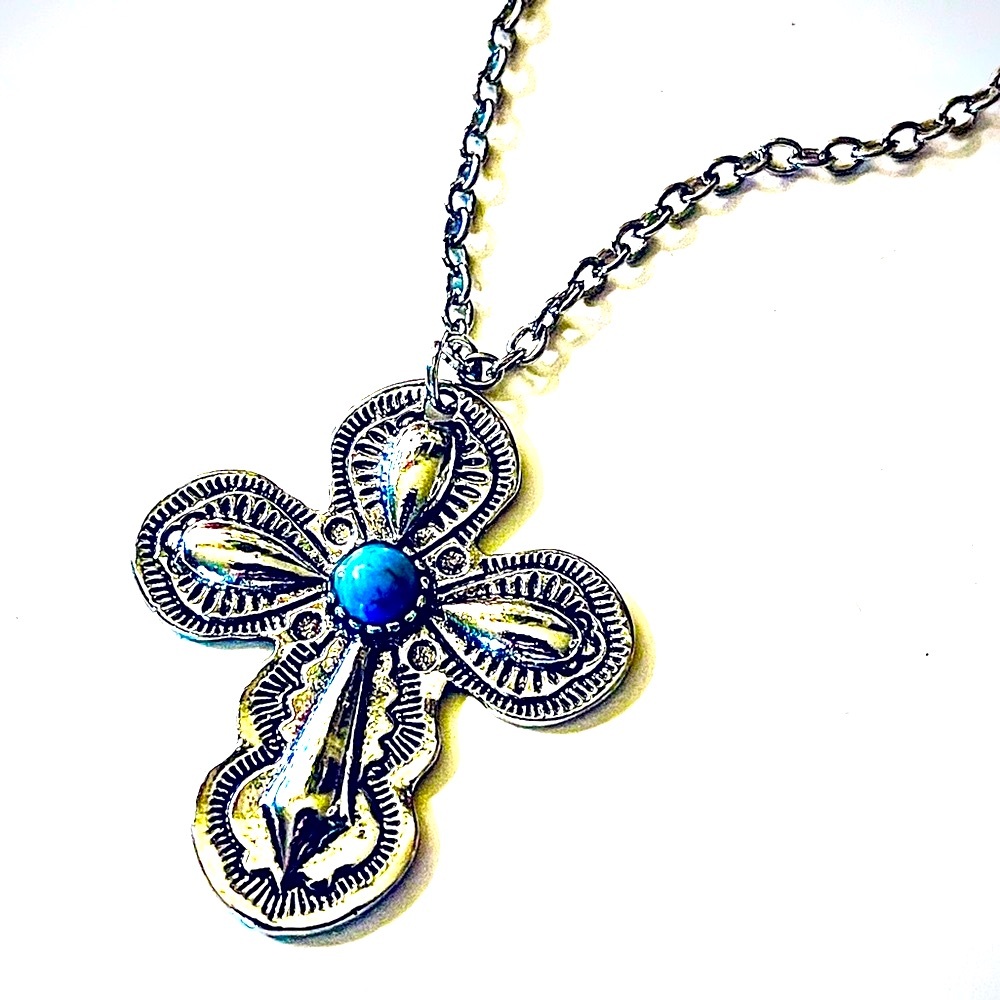 New Sterling Silver Handmade Natural Turquoise Religious Catholic Cross Necklace